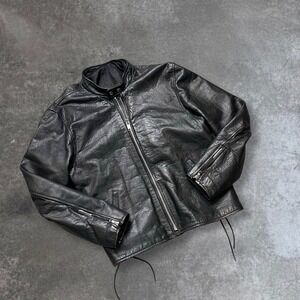 Mens Black Leather Motorcycle Jacket Racer Style Zip Up Moto Biker